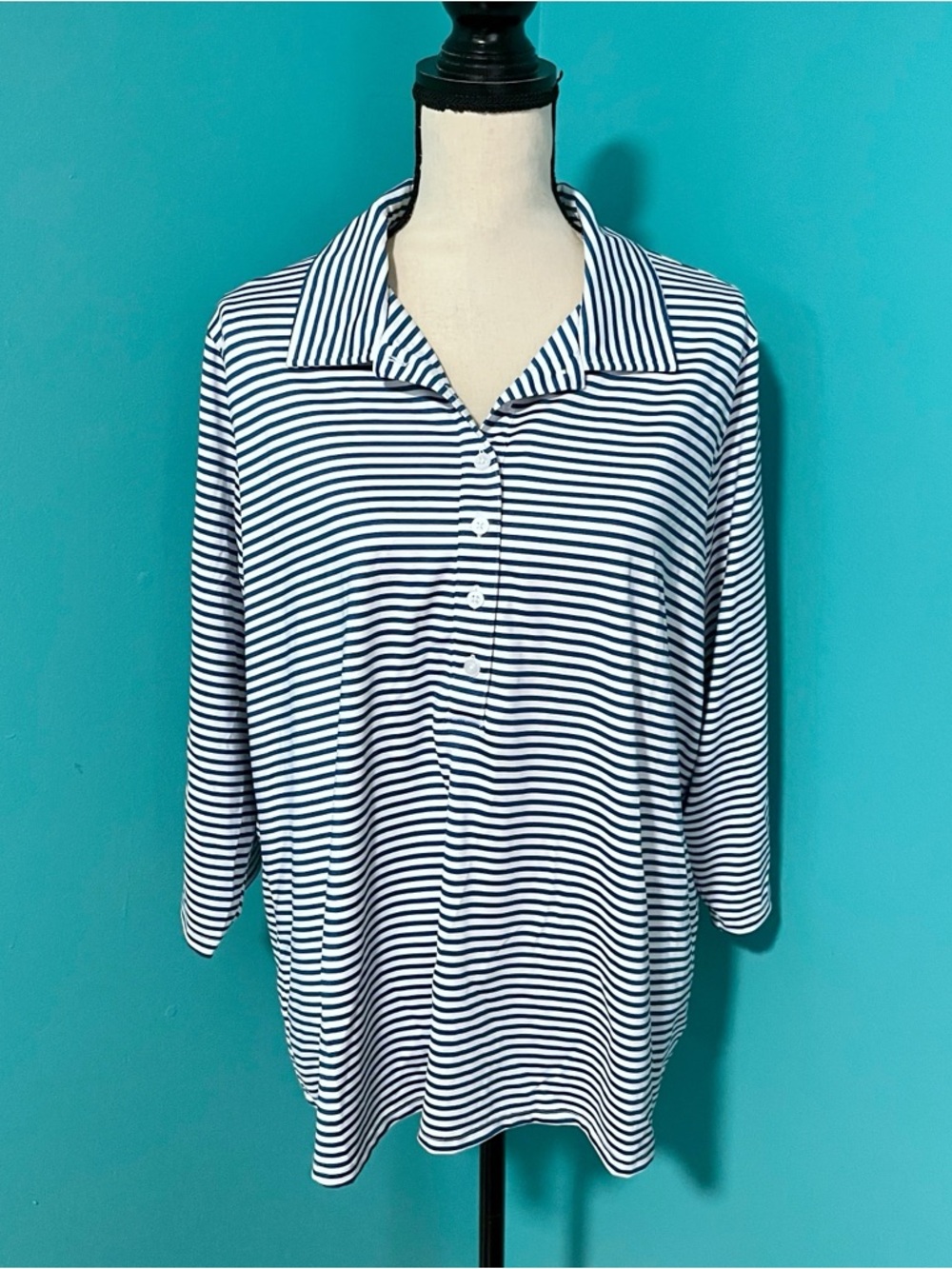 Lands’ End 2X Blue White Striped Collared 3/4 Sleeve Stretch Top